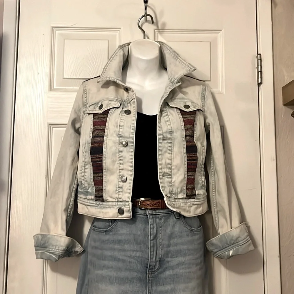 Free People Color-block Patchwork Boho Womans Cropped Denim Jean Jacket 2 - Picture 11 of 11
